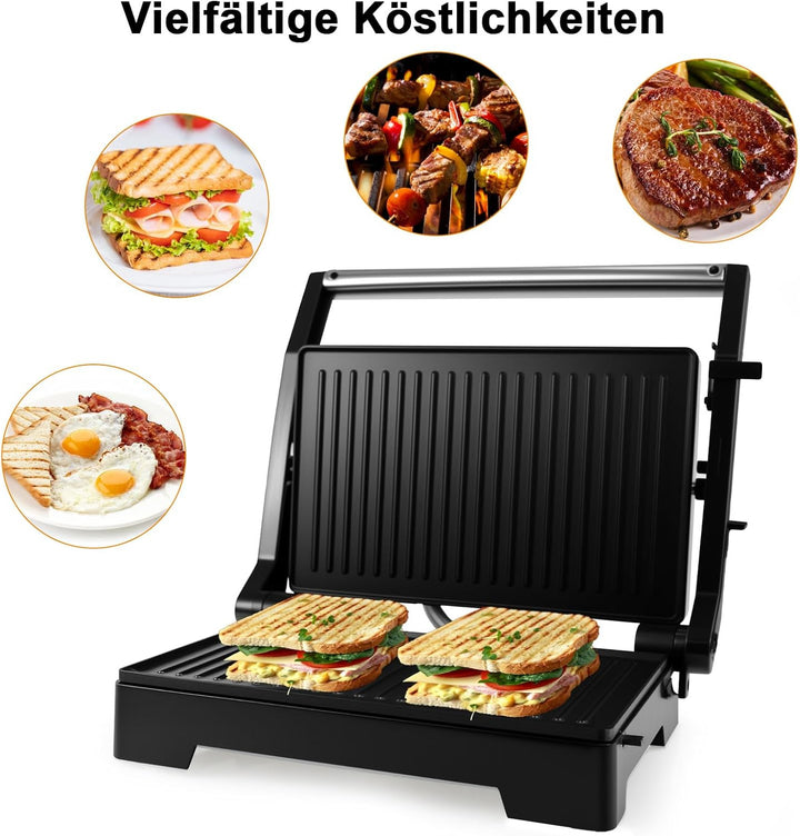 Kontaktgrill 1000W, Panini Grill & Sandwich Maker, geöffneter 180° Tischgrill, Grillfläche 23x15 cm
