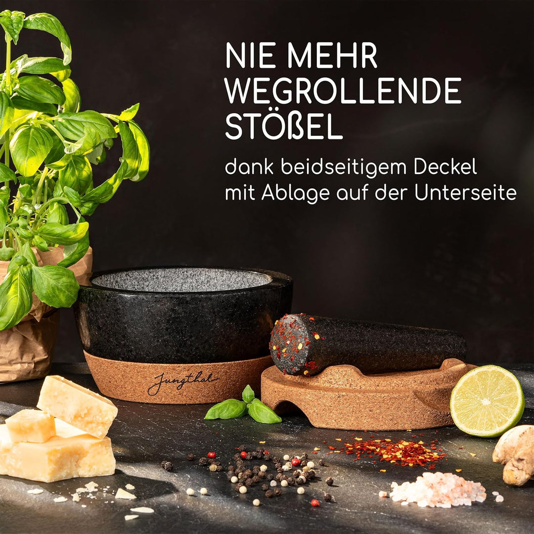 Mörser mit Stössel im Set | Granit | Korkbasis | Korkdeckel | XXL gross für Gewürze & Kräuter
