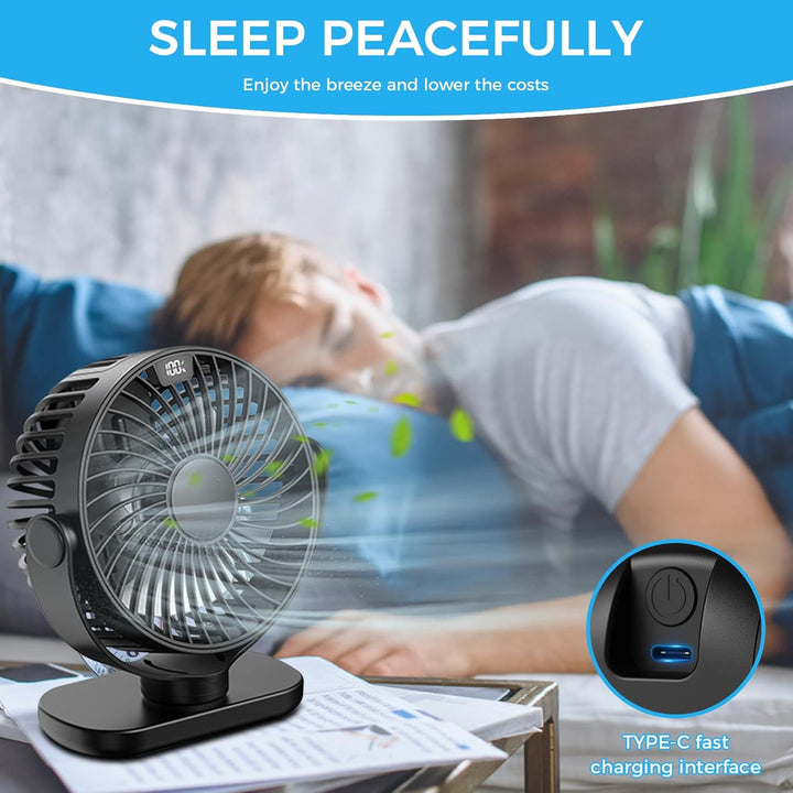 Schreibtischventilator, USB, 4 Geschwindigkeitsstufen, super leise, LED-Anzeige, 5000 mAh, Akku, Sch