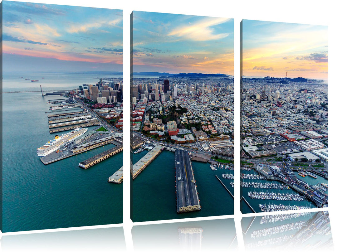 Pixxprint San Francisco bei Sonnenuntergang als Leinwandbild | Grösse: 3 Teilig (120x80) | Wandbild|