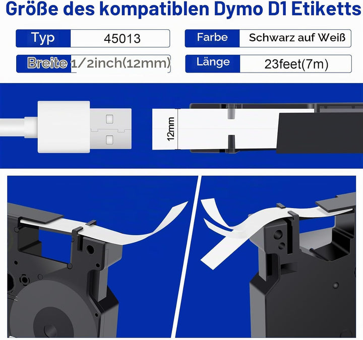 5x Kompatibel mit Dymo D1 Etikettenband, Schwarz auf Weiss 12mm x 7m 45013, Kompatibel mit Dymo D1 S