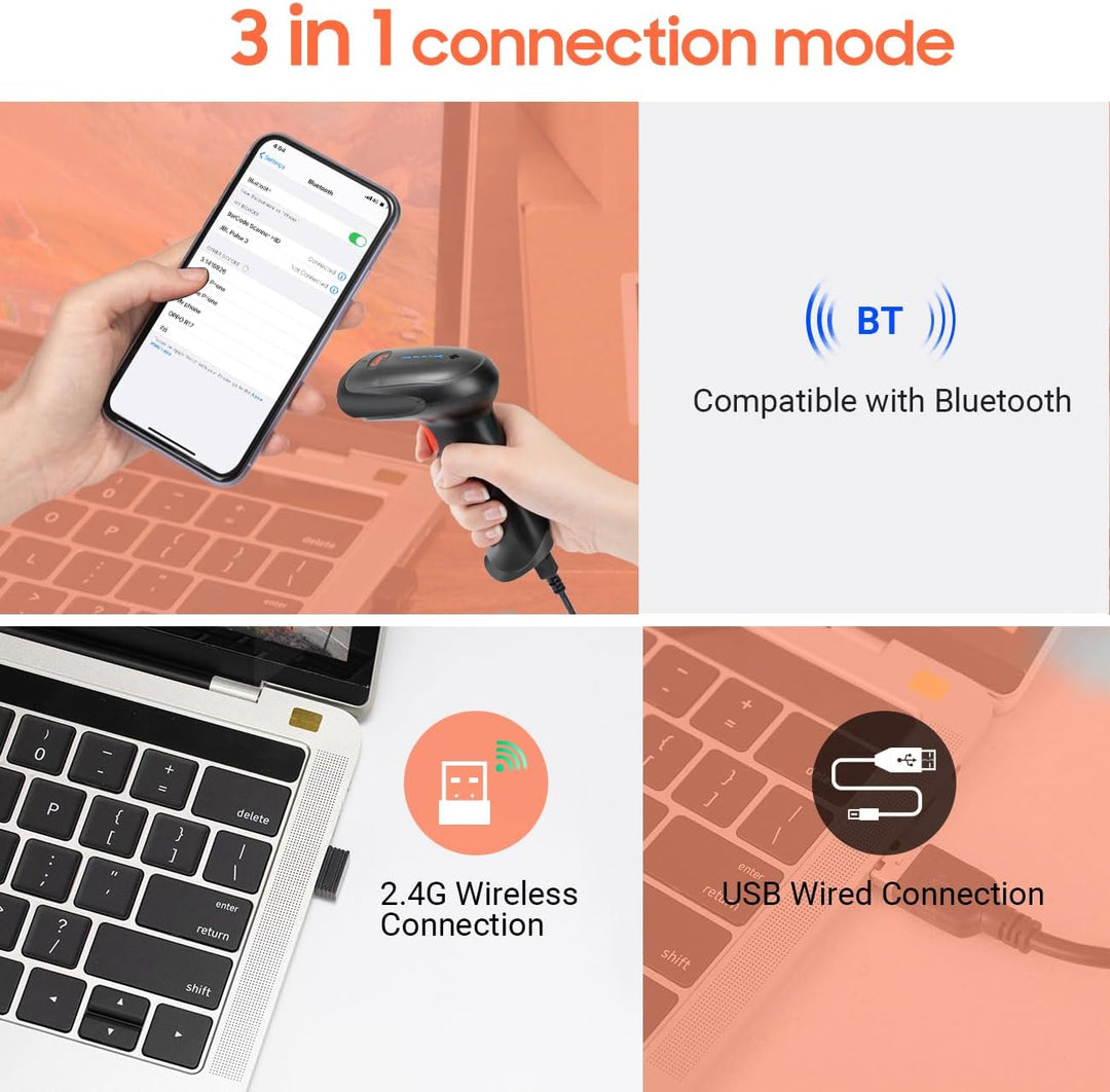 Tera Pro kabelloser 2D-Barcode-Scanner, Bluetooth, QR-Code-Leser mit Ständer, 2.200 mAh, schnelles u