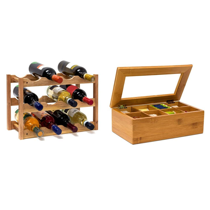 Relaxdays klein, Flaschenregal 12 Flaschen Wein, 28 x 21 x 42 cm & Teebox aus Bambus H x B x T: ca.