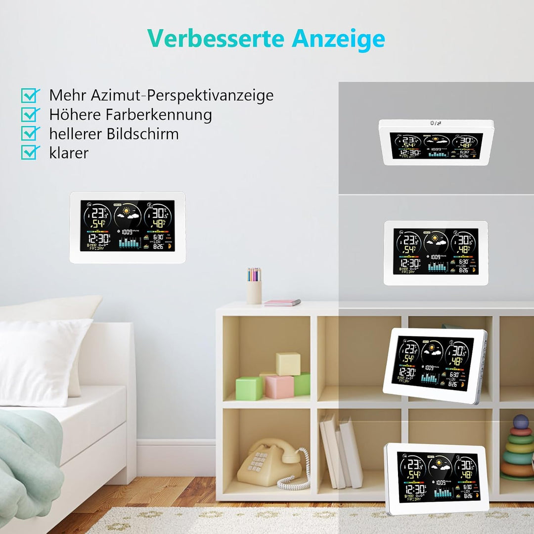 Wetterstation Funk mit Aussensensor, 7,8 Zoll Grosses Farbdisplay mit Beleuchtung & DCF Funkuhr, Wet