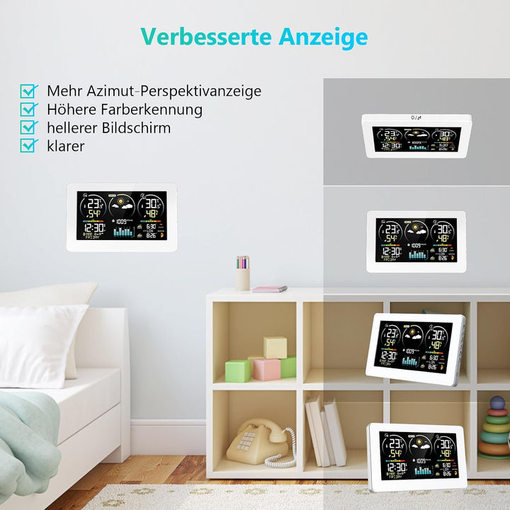 Wetterstation Funk mit Aussensensor, 7,8 Zoll Grosses Farbdisplay mit Beleuchtung & DCF Funkuhr, Wet