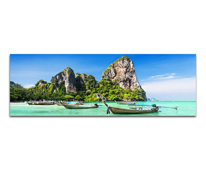 Paul Sinus Art Panoramabild auf Leinwand und Keilrahmen 150x50cm Thailand Meer Strand Felsen Boote