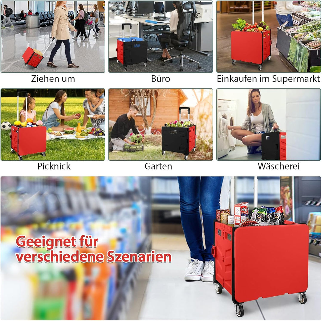 Einkaufstrolley Klappbar, Transport Trolley, bis 50 kg, 50 l Kiste, Einkaufskorb mit Deckel, Auszieh