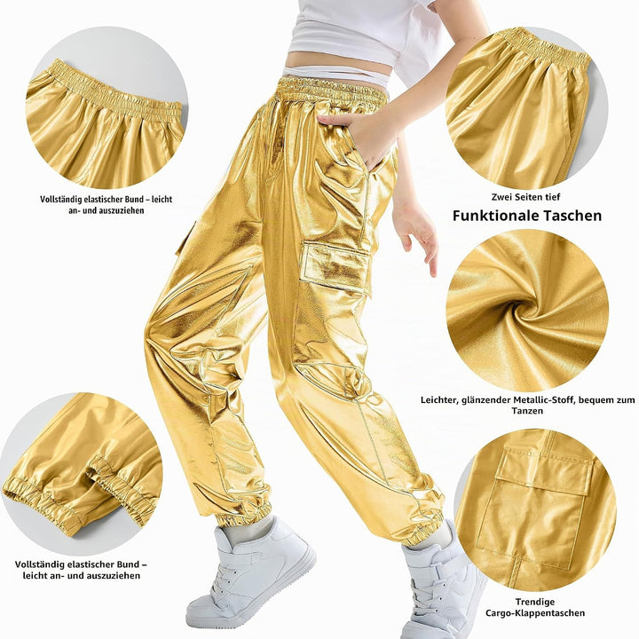 Rolanko Cargo Hosen für Mädchen, Metallische Tanz Hip Hop Hosen für Kinder Mit Elastischem Bund, Ret