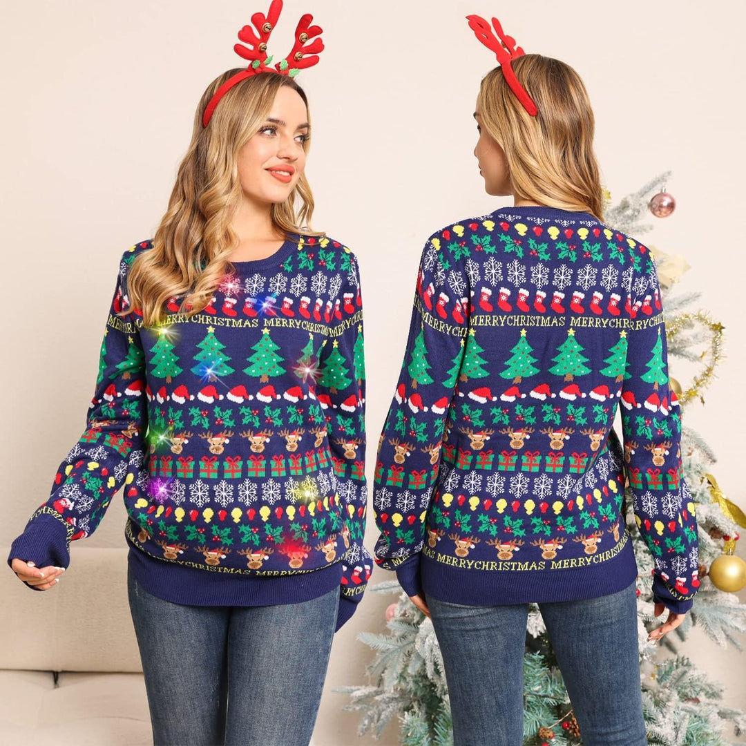 Belovecol Unisex Weihnachtspullover LED Ugly Christmas Sweater Pullover Langarm Strickpullover