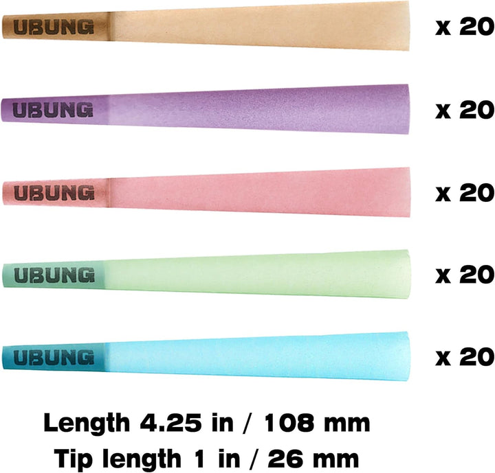UBUNG Rainbow Cones | 100 King Size Konisch vorgedrehte Hülsen (5 Farben) Einschliesslich 1 Trichte
