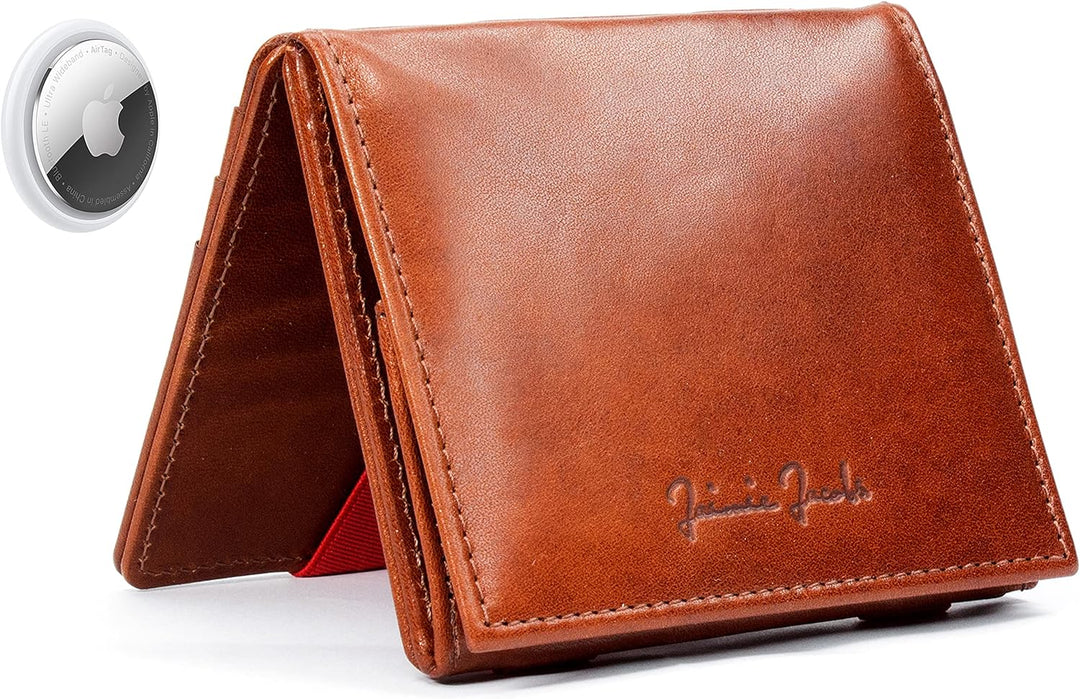 Jaimie Jacobs Flap Boy AirTag-Edition mit Gravur Magic Wallet Echtleder (Dunkelbraun mit Rot), Dunke