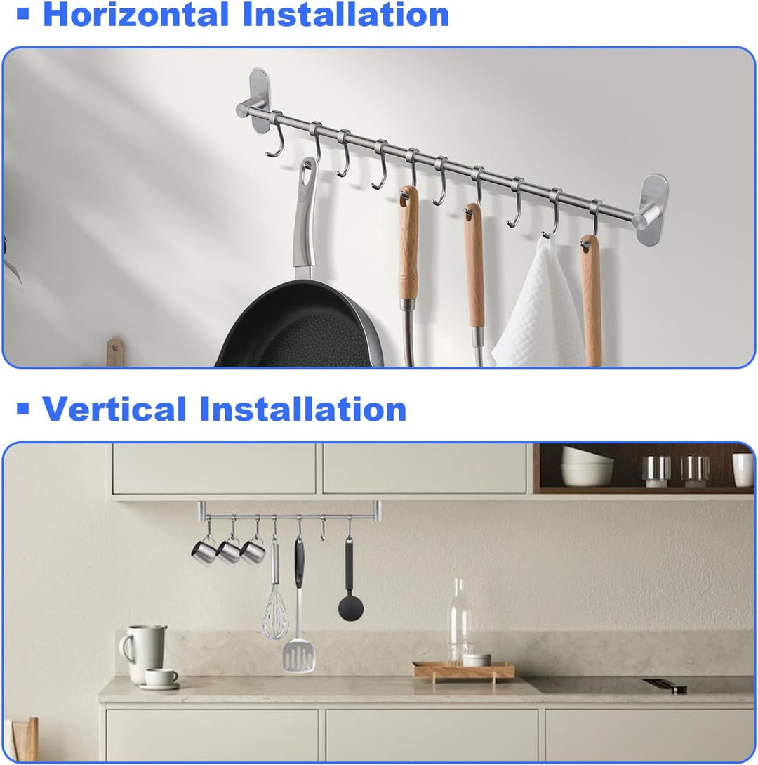 Geschirr hängende Rack mit 8 abnehmbaren Haken keine Bohrung, Edelstahl Küche Schiene Pfanne Hanger