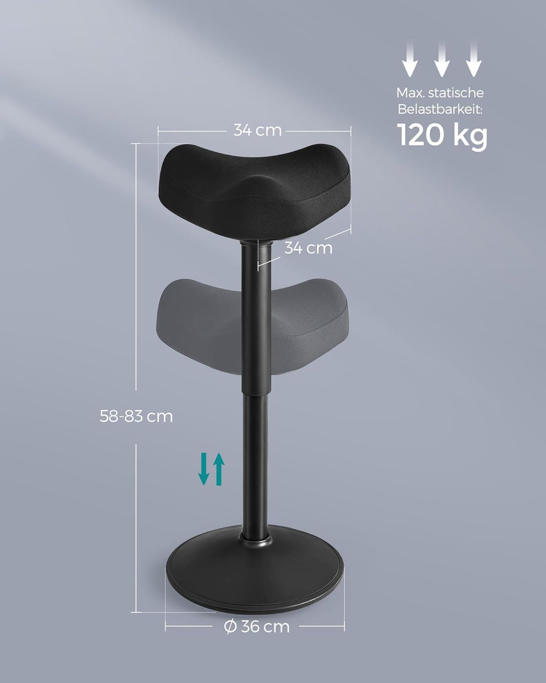 SONGMICS Hocker, Stehhocker um 360° neigbar, Schreibtischstuhl, höhenverstellbar 58-83 cm, grosser S