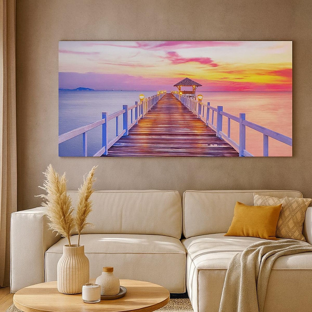 Wandbilder Dekoration Wohnzimmer Sonnenuntergang Wasser Brücke Horizont Bilder auf Leinwand 120x50cm