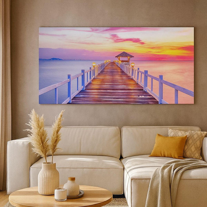 Wandbilder Dekoration Wohnzimmer Sonnenuntergang Wasser Brücke Horizont Bilder auf Leinwand 120x50cm