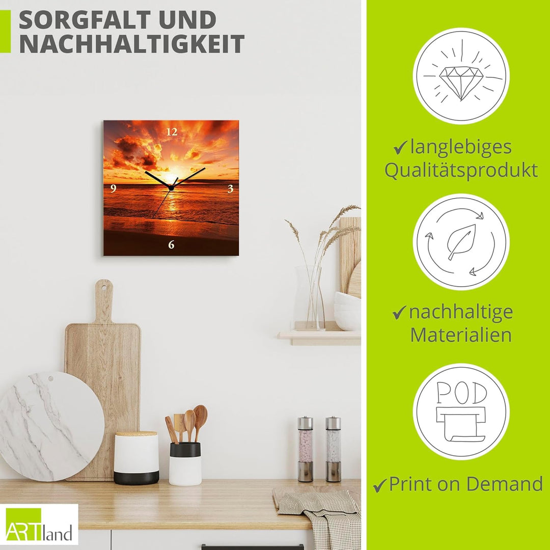 ARTLAND Wanduhr ohne Tickgeräusche Leinwand Quarzuhr 30x30 cm Quadratisch Lautlos Strand Meer Sonnen