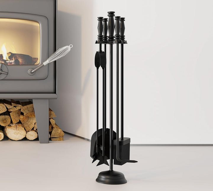 Kingson Kaminbesteck 4-teilig - Griff & Ständer aus Gusseisen - inklusive Schaufel, Schürhaken, Bürs