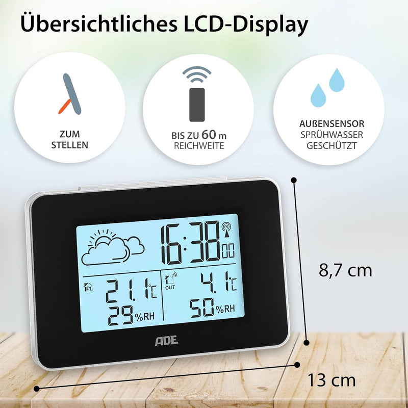 ADE Digitale Wetterstation Funk mit Aussensensor | Innen und Aussentemperatur | Luftfeuchtigkeitsmes