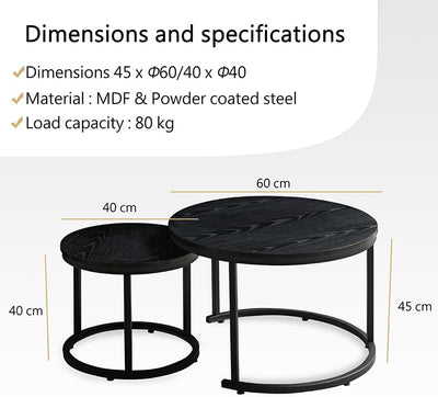 HeyHeaven® Couchtisch Rund Holz 2er Set – Runder Coach Tisch Schwarze Holz Optik mit Schwarze Metall