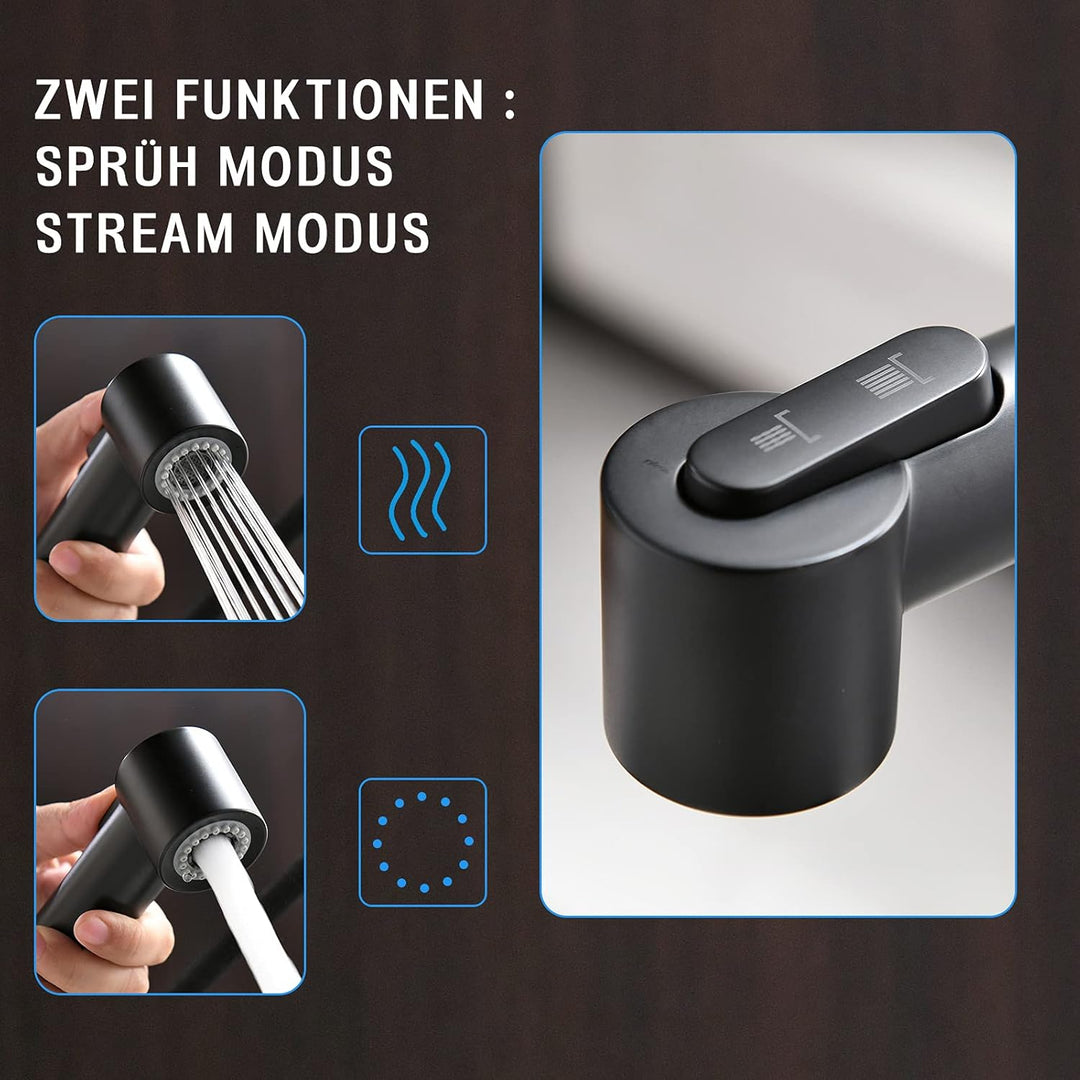 TIMACO Schwarz Küchenarmatur Mit Ausziehbare Brause Wasserhahn Küche 360° Schwenkbar Mischbatterien