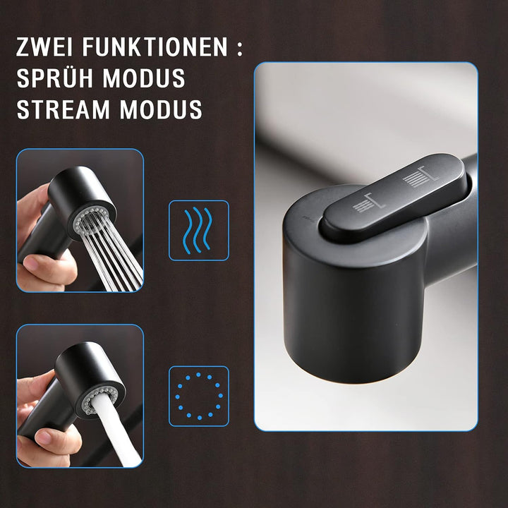 TIMACO Schwarz Küchenarmatur Mit Ausziehbare Brause Wasserhahn Küche 360° Schwenkbar Mischbatterien