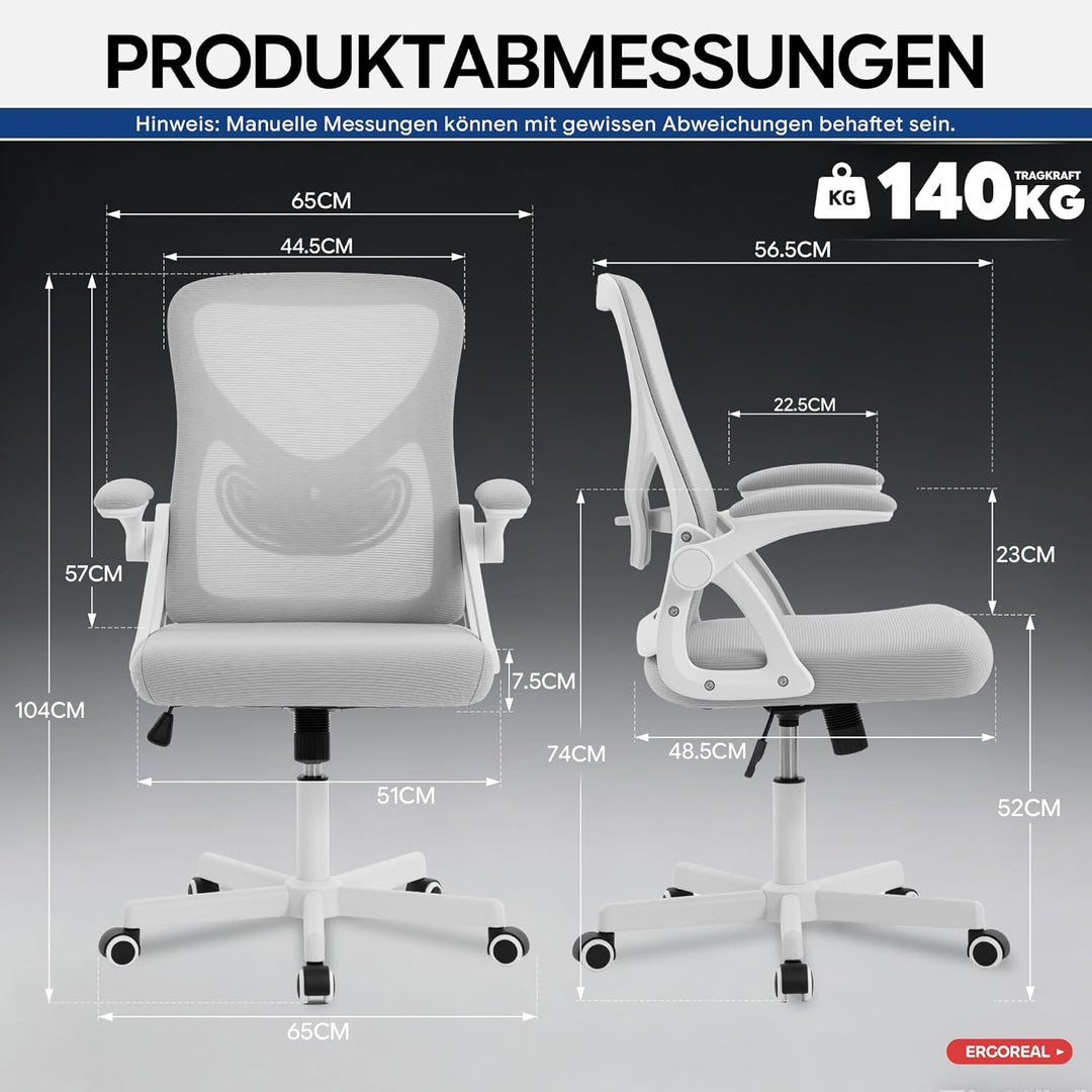 Ergonomischer Bürostuhl, 90-110° Verstellbare Rückenlehne, 90° Aufklappbare Armlehnen & Verstellbare