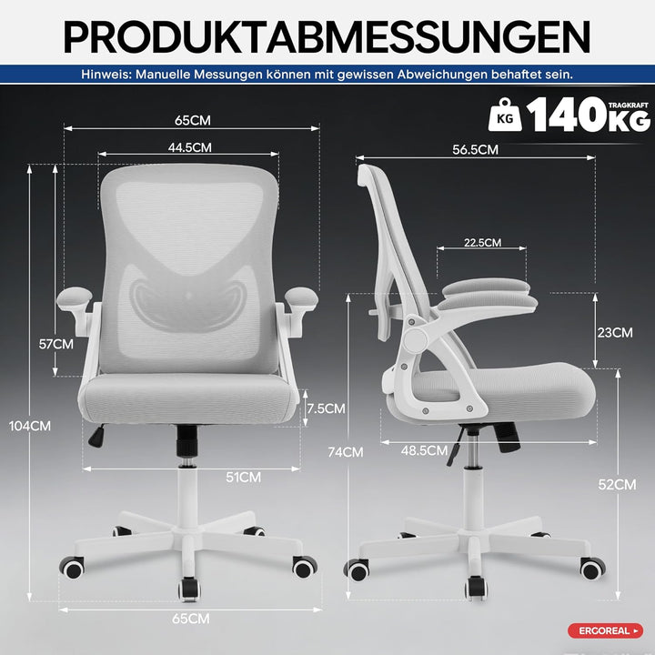 Ergonomischer Bürostuhl, 90-110° Verstellbare Rückenlehne, 90° Aufklappbare Armlehnen & Verstellbare
