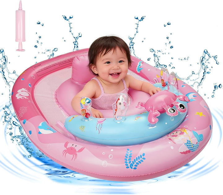 Baby-Schwimmring mit Sonnendach UPF 50+ Sonnenschutz, verstellbarer Sicherheitsgurt & Spielzeug, Auf