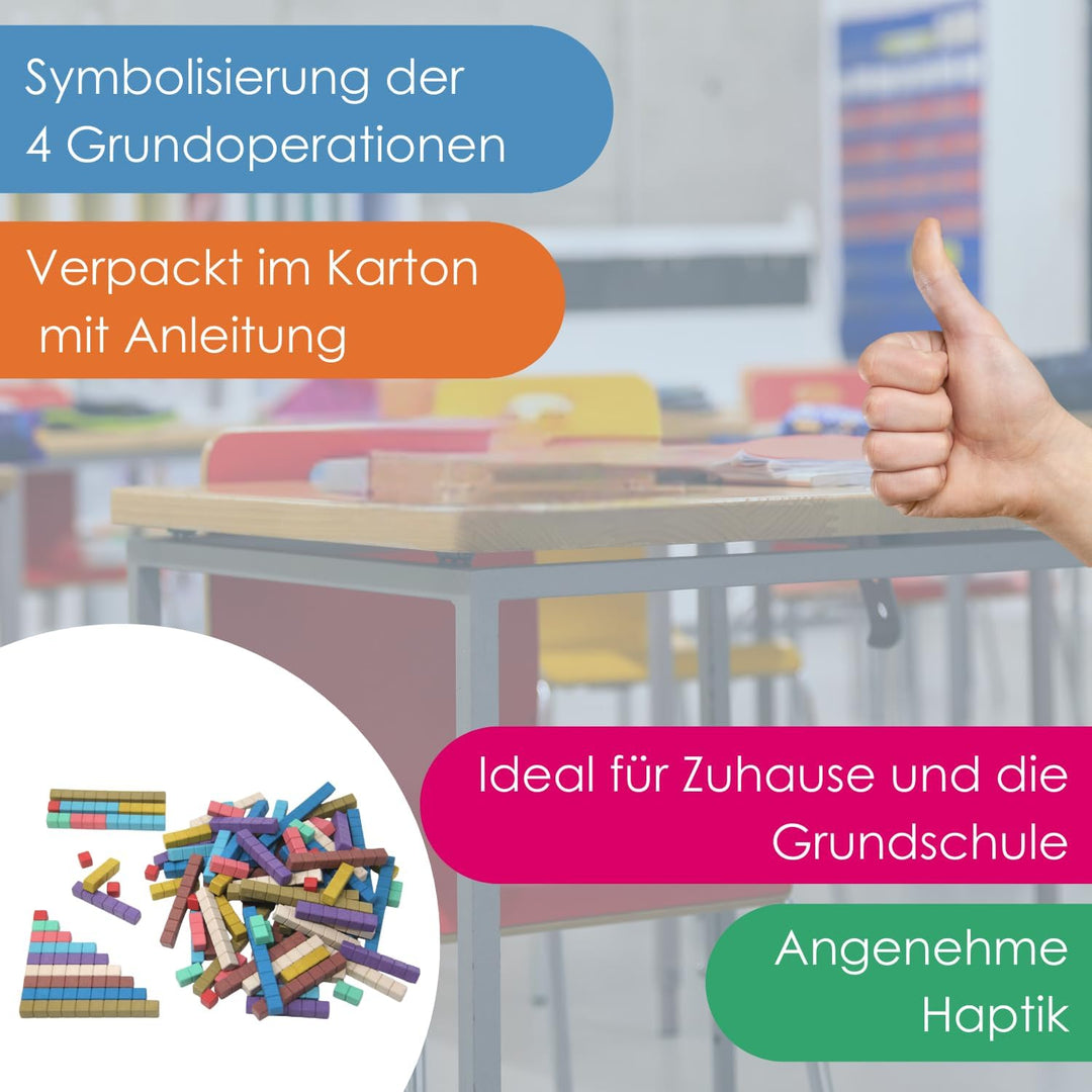 WISSNER® RE-Wood Rechenstäbe – 100 Stück in 10 Montessori-Farben, nachhaltige Cuisenaire-Stäbe aus H