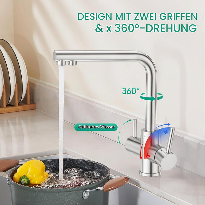 CREA 3 Wege Wasserhahn Küche Edelstahl, 360° Drehbar Küchenarmatur, 3 in 1 Mischbatterie Küche für W