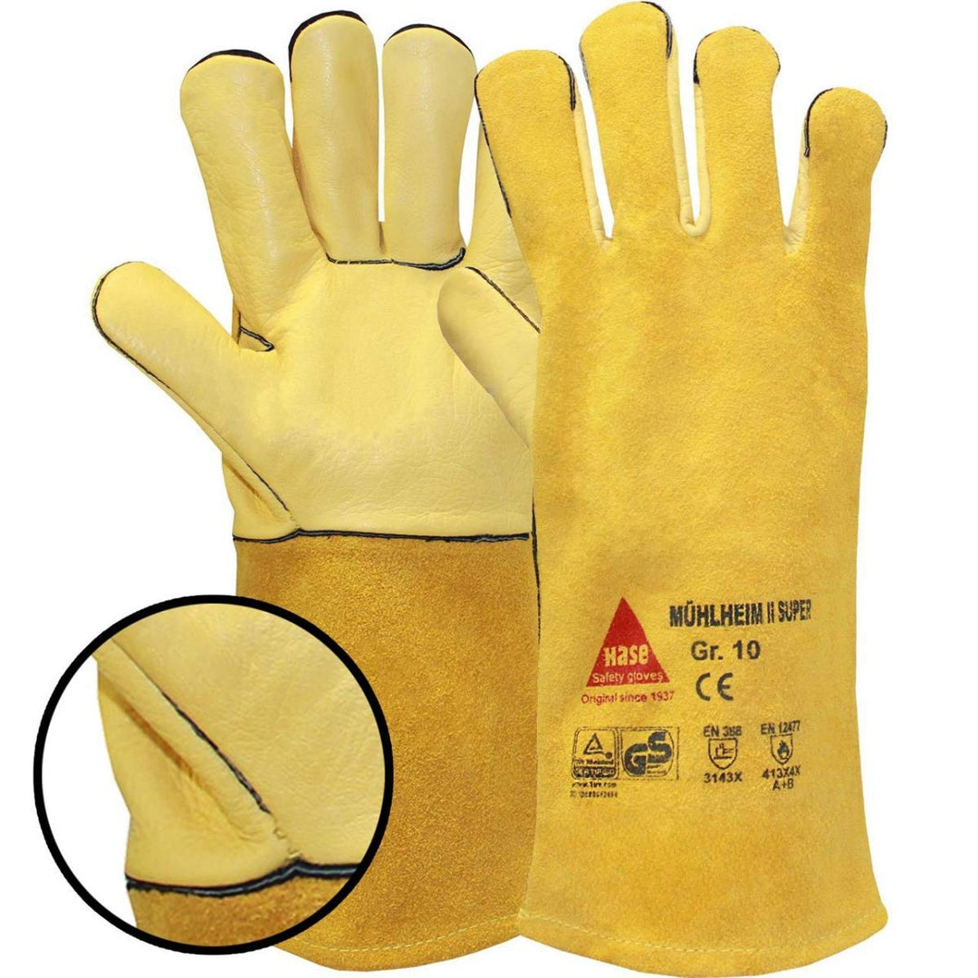 6 Paar Hase Safety Gloves Mühlheim-I-Super Schweisserhandschuhe lang, Leder-Arbeitshandschuhe mit St