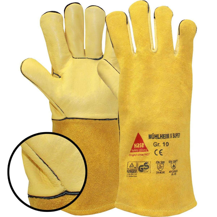 6 Paar Hase Safety Gloves Mühlheim-I-Super Schweisserhandschuhe lang, Leder-Arbeitshandschuhe mit St