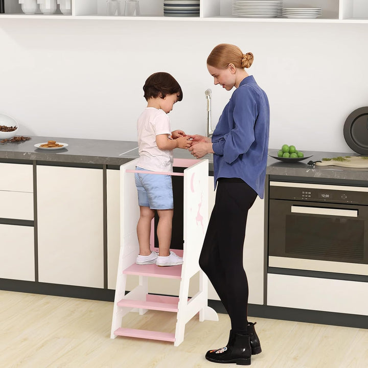 COSTWAY Lernturm kinder, 2 in 1 Tritthocker montessori mit 3 verstellbare Höhen & doppelseitiger Taf