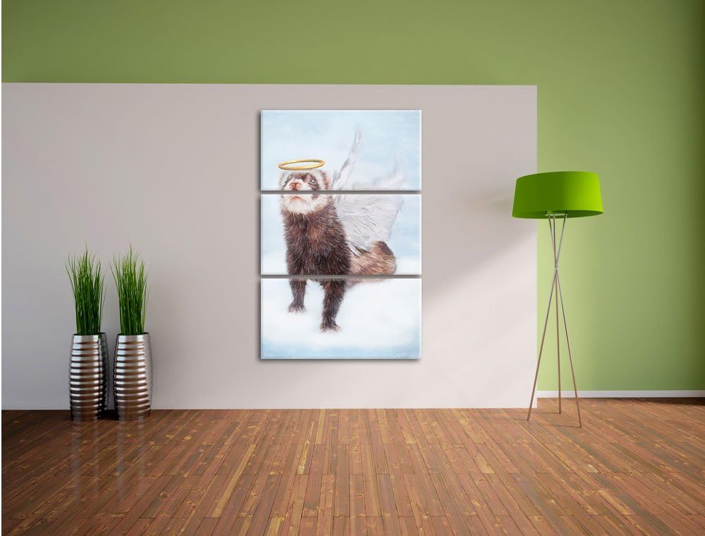 Pixxprint Süsses Frettchen im Engelsköstum Kunst Buntstift Effekt 3-Teiler Leinwandbild 120x80 Bild