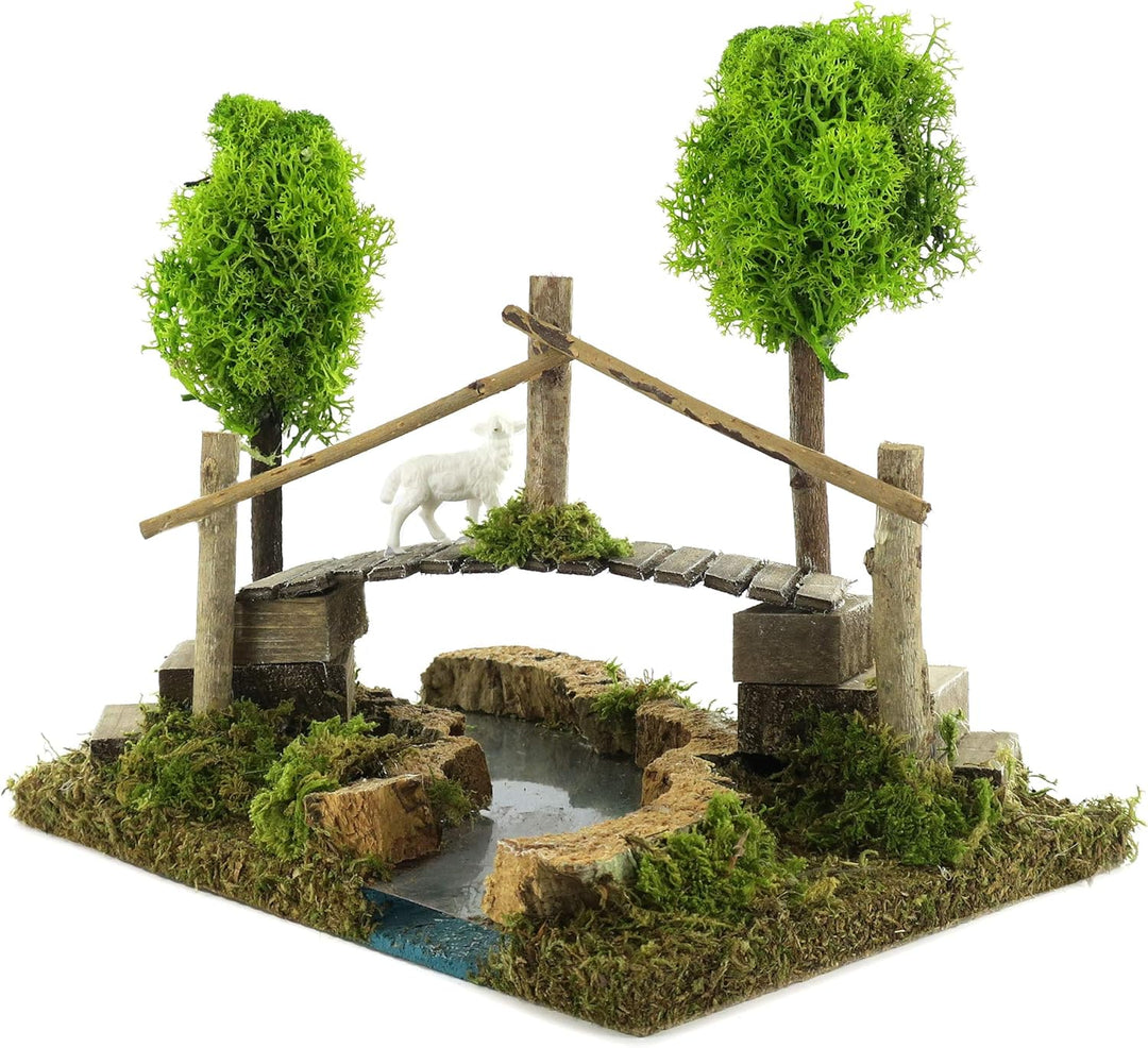 Ferrari & Arrighetti Fluss mit Fussbrücke und Bäumen, Holz, Mehrfarbig, Einheitsgrösse