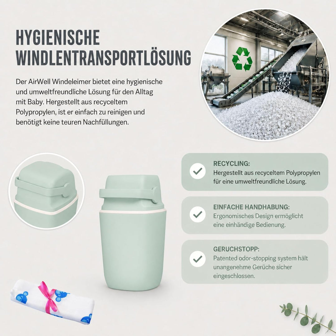 AirWell Windeleimer Geruchsdicht & Windel Blaubaer - Wickeleimer, mit Geruchsstopp-System, Einhändig