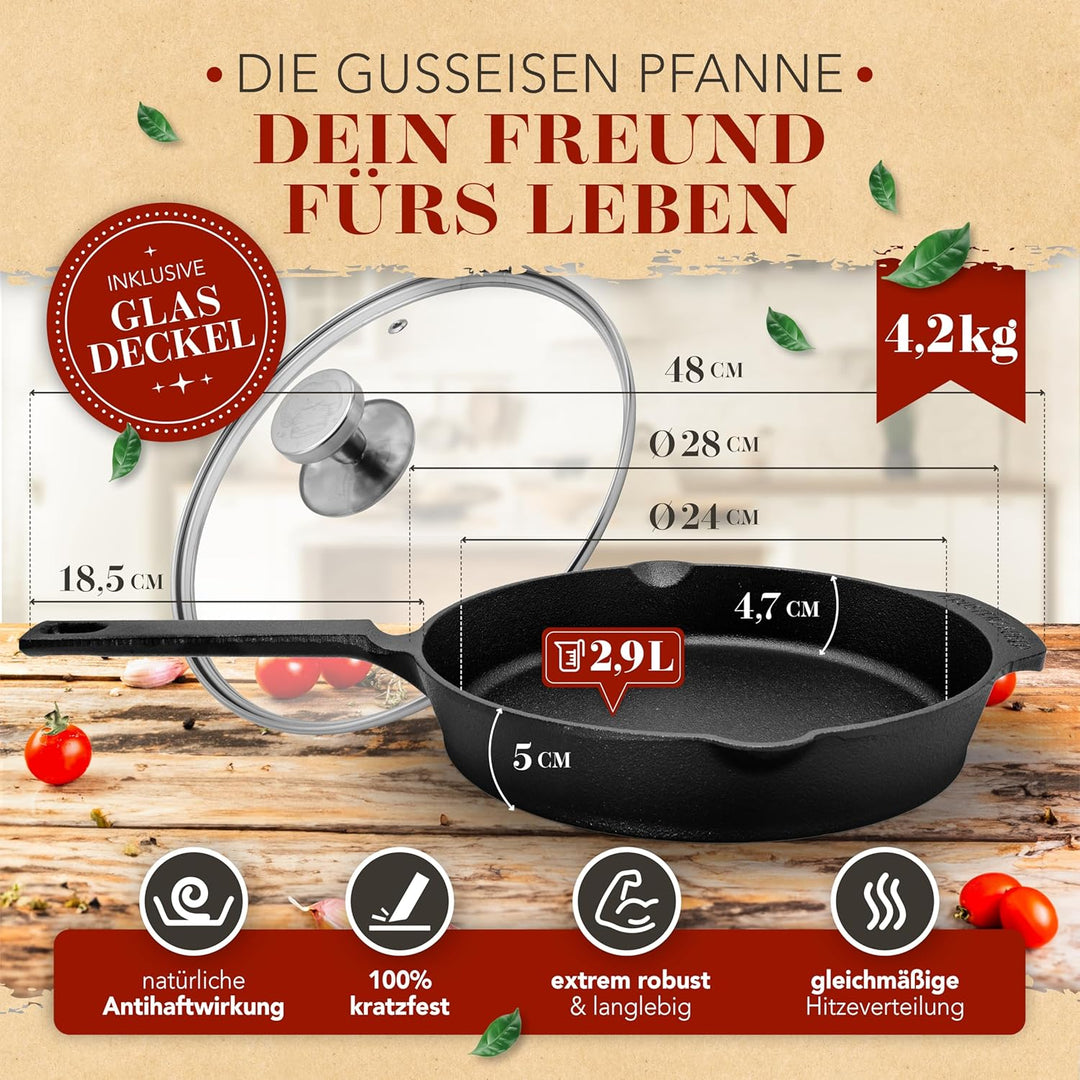 KRUSTENZAUBER 28cm Gusseisenpfanne Induktion Set - Voreingebrannte Gusseisen Pfanne - Ideale Grillpf