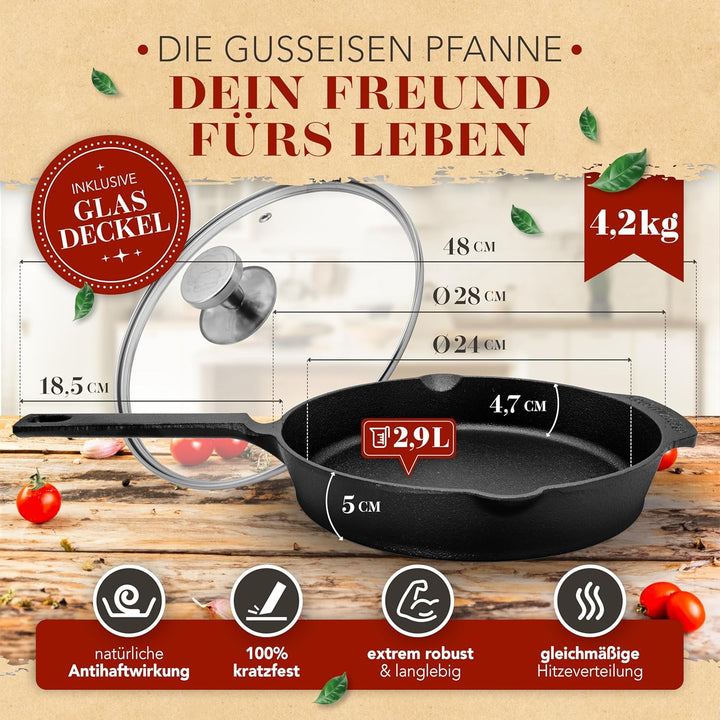 KRUSTENZAUBER 28cm Gusseisenpfanne Induktion Set - Voreingebrannte Gusseisen Pfanne - Ideale Grillpf