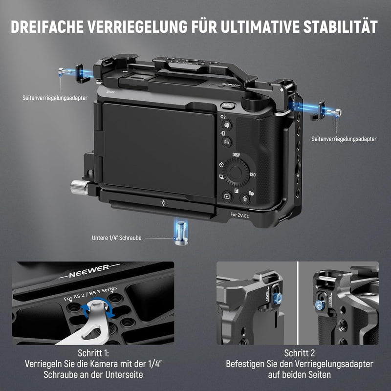 NEEWER ZV-E1 Käfig Cage mit HDMI Cable Clamp, NATO Schiene 3/8"ARRI Aufnahmebohrungen 1/4"Gewinde, A