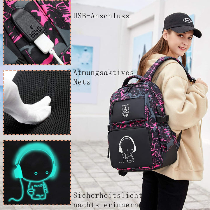 Asge Rucksack Jungen Schulrucksack Mädchen Teenager Jugendliche Coole Schule Daypacks Kinder Reflekt