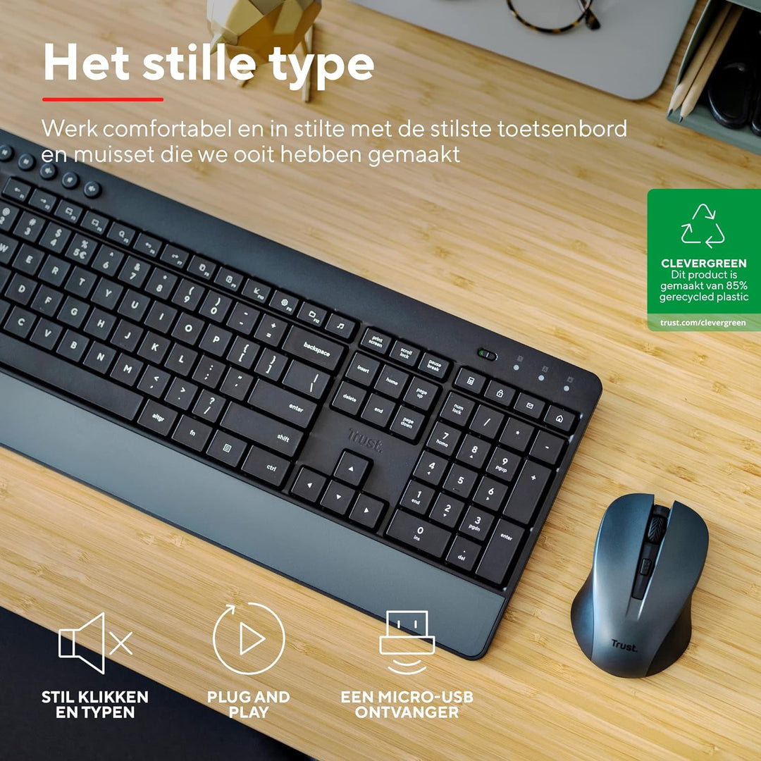 Trust Trezo Tastatur Maus Set Kabellos, NL/US QWERTY Layout, Nachhaltiges Design, Leise und Ergonomi