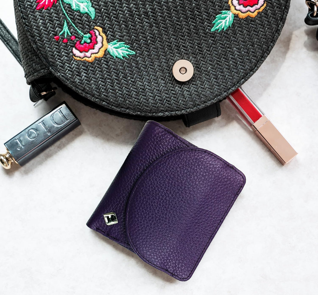 Geldbörse Damen klein viele Fächer, Reise Portemonnaie, Leder lila, RFID Blocker, Münzfach | Wiener