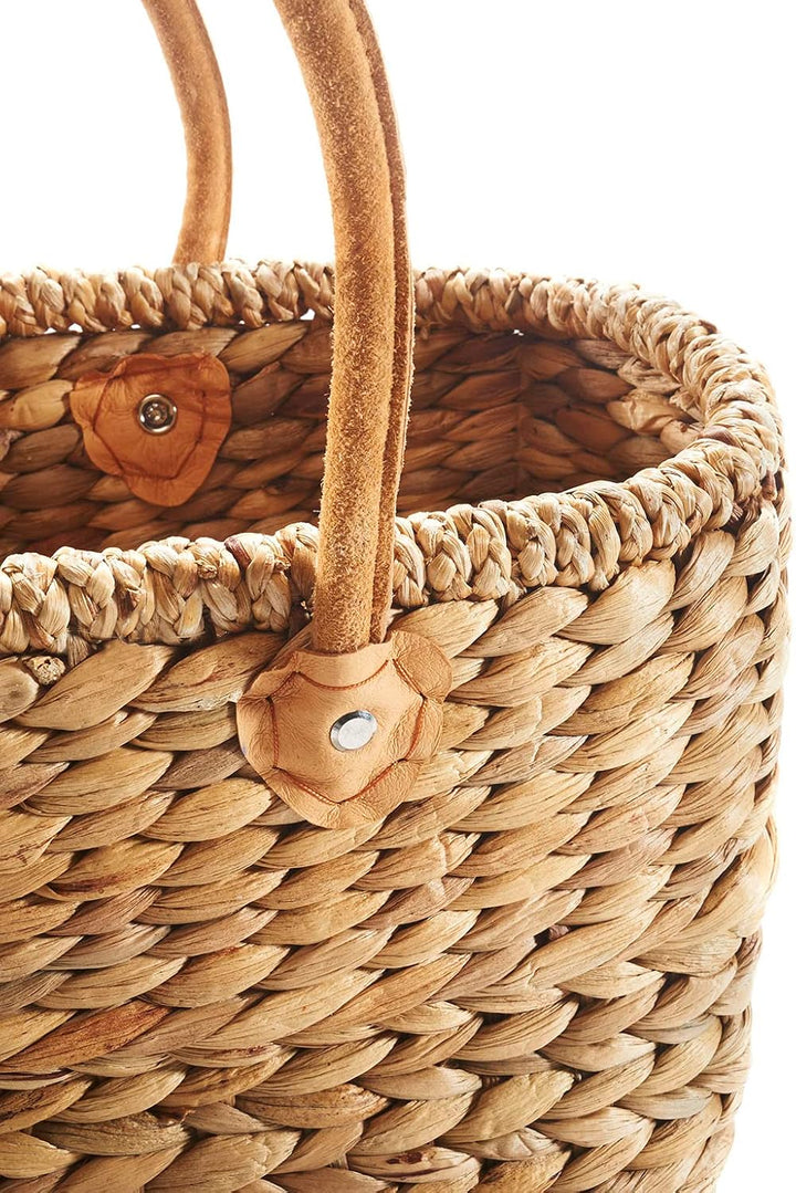 Kobolo - Korbtasche aus Wasserhyazinthe mit Lederhenkeln - 38x16x24 cm - Handgefertigte Strandtasche
