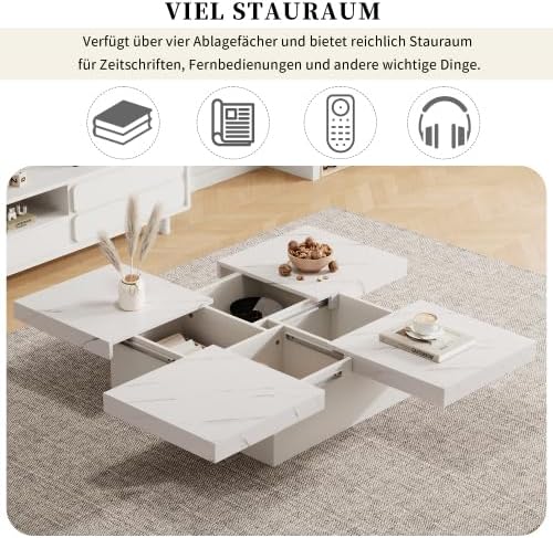 Merax Couchtisch 90x90 cm – Weisser Sofatisch mit eleganter Marmor-Optik und 4 Schubladen, Schiebbar