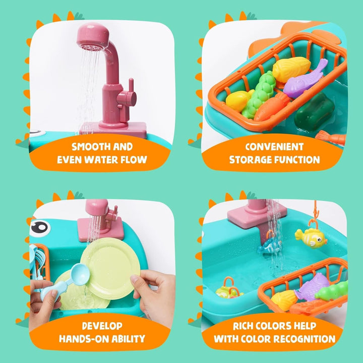 Küchenspüle Spielzeug Set mit Angelspiel, Wasserkreislauf Fliessendes Wasser Spülmaschine, Küchenute