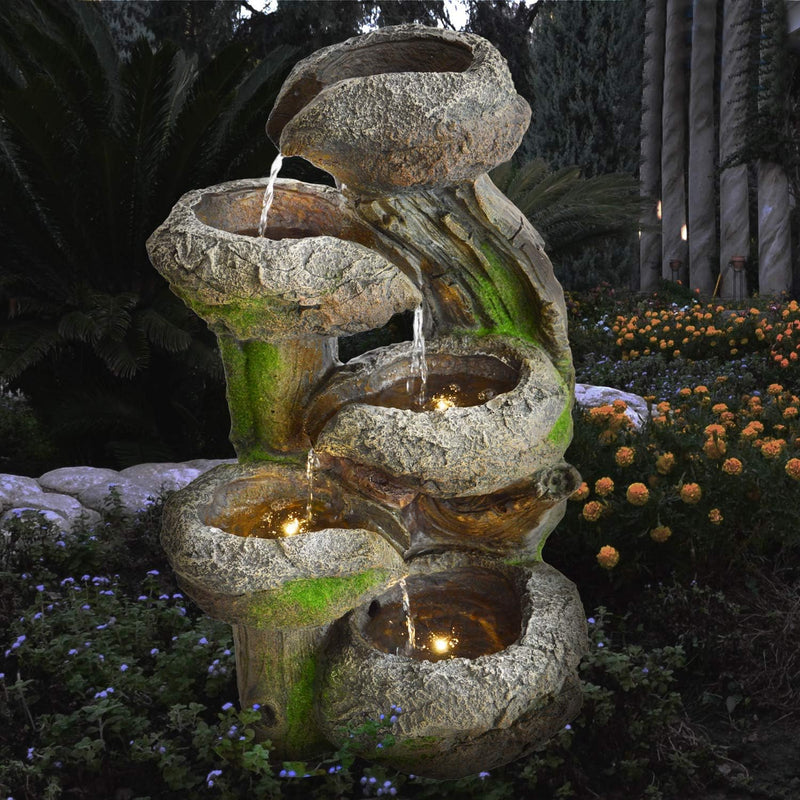 GARTENBRUNNEN BRUNNEN BAUMSTUMPF & STEINSCHALEN mit LED-Licht 230V ZIERBRUNNEN VOGELBAD Wasserfall G