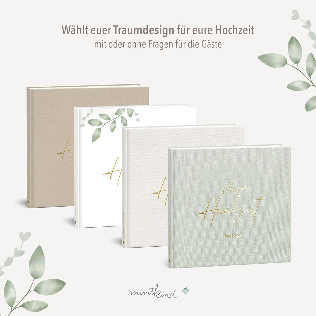 mintkind® Gästebuch Hochzeit Salbei - Hochzeitsbuch mit Fragen, 84 Seiten zum Ausfüllen &amp; Gestalten,