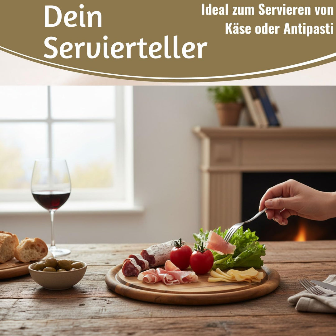 LS-LebenStil 6x Holz Fleischteller 25cm Rund FSC Akazie - Set - 6 Stück - Schneidebrett mit Saftrill