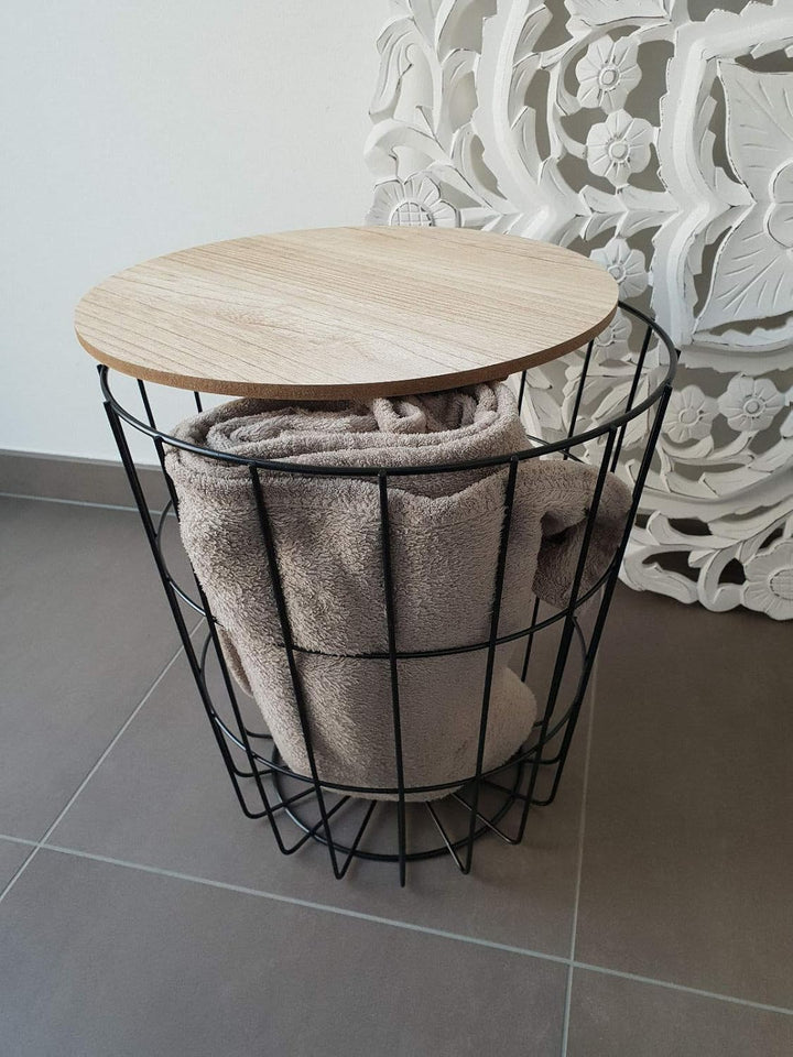 Meinposten Beistelltisch Nachttisch Tisch Korb mit Stauraum Couchtisch Metall Korb schwarz Holz Deck