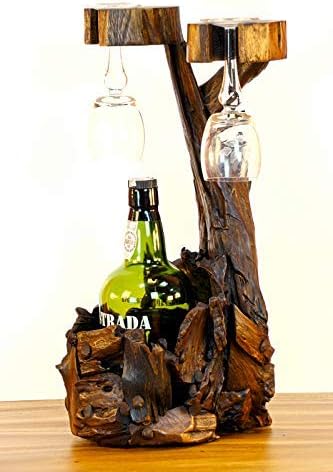 Teak Wurzelholz Flaschenständer - 45cm Teak Flaschenhalter - Edel und dekorativ für 1 Flasche und 2